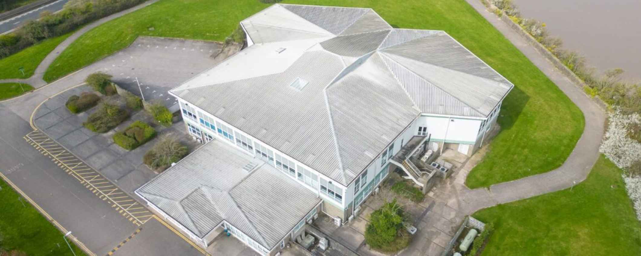 Aerial view of the building for the old Aust Services in South Gloucestershire.
