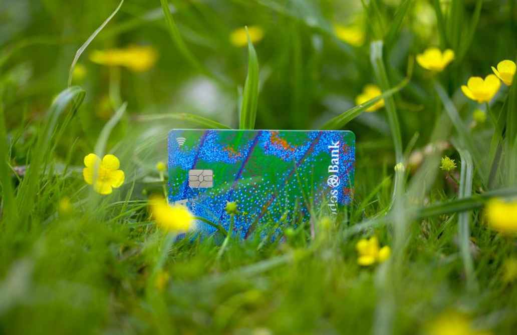 Triodos Personal Debit Card with blue and green butterfly wing design shown placed in grass with green flowers